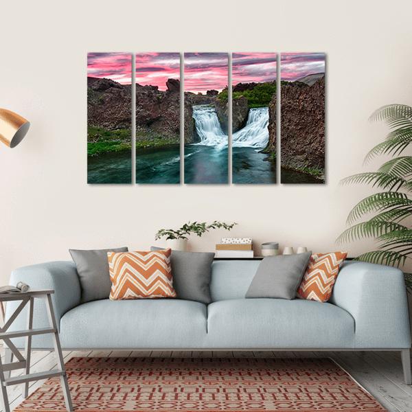 Double Waterfall Hjalparfoss Canvas Wall Art-5 Horizontal-Gallery Wrap-22" x 12"-Tiaracle