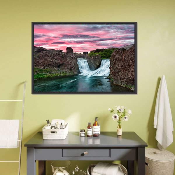 Double Waterfall Hjalparfoss Canvas Wall Art-5 Horizontal-Gallery Wrap-22" x 12"-Tiaracle