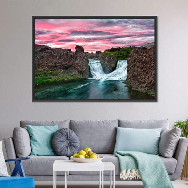 Double Waterfall Hjalparfoss Canvas Wall Art-5 Horizontal-Gallery Wrap-22" x 12"-Tiaracle