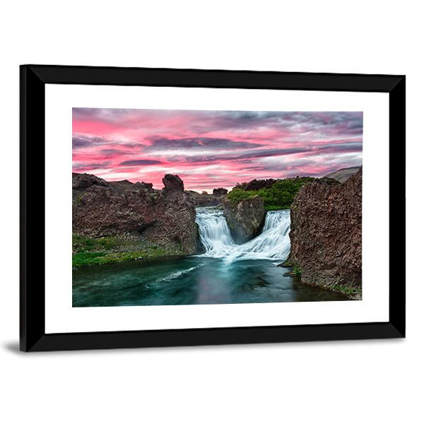Double Waterfall Hjalparfoss Canvas Wall Art-5 Horizontal-Gallery Wrap-22" x 12"-Tiaracle