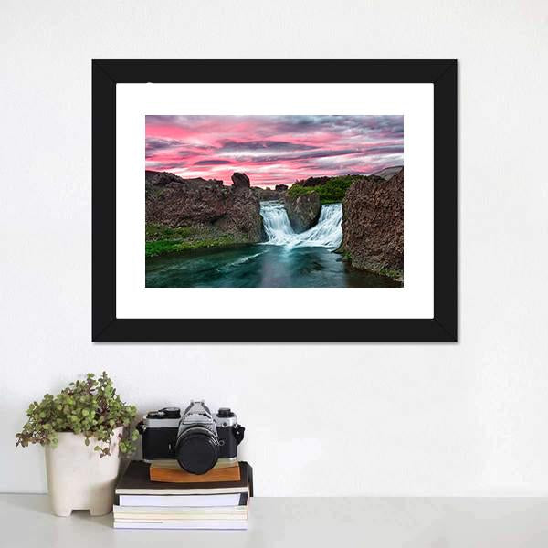 Double Waterfall Hjalparfoss Canvas Wall Art-5 Horizontal-Gallery Wrap-22" x 12"-Tiaracle