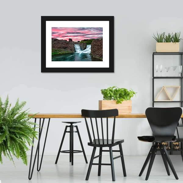 Double Waterfall Hjalparfoss Canvas Wall Art-5 Horizontal-Gallery Wrap-22" x 12"-Tiaracle