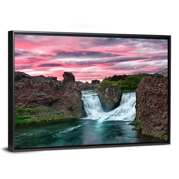 Double Waterfall Hjalparfoss Canvas Wall Art-5 Horizontal-Gallery Wrap-22" x 12"-Tiaracle