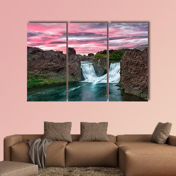 Double Waterfall Hjalparfoss Canvas Wall Art-3 Horizontal-Gallery Wrap-37" x 24"-Tiaracle