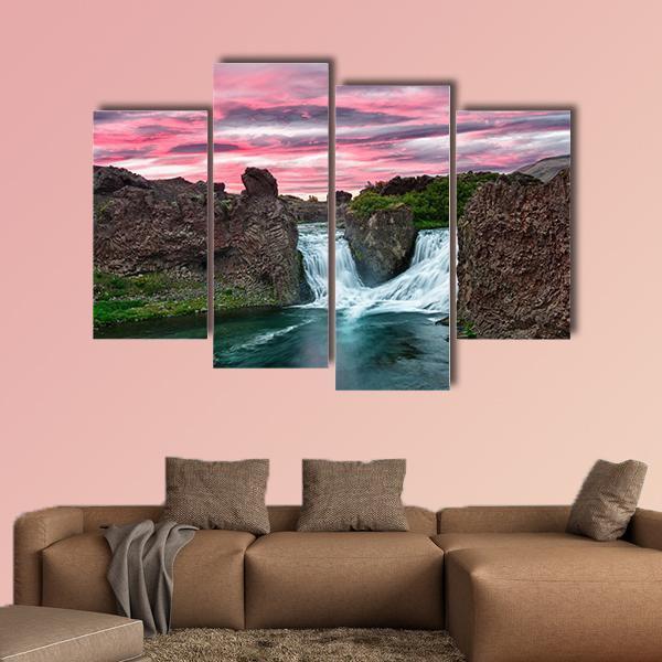 Double Waterfall Hjalparfoss Canvas Wall Art-4 Pop-Gallery Wrap-50" x 32"-Tiaracle