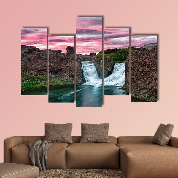 Double Waterfall Hjalparfoss Canvas Wall Art-5 Pop-Gallery Wrap-47" x 32"-Tiaracle