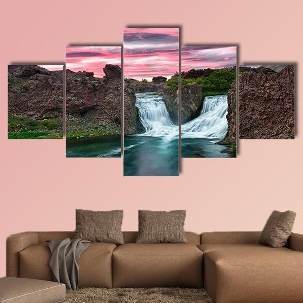 Double Waterfall Hjalparfoss Canvas Wall Art-5 Star-Gallery Wrap-62" x 32"-Tiaracle