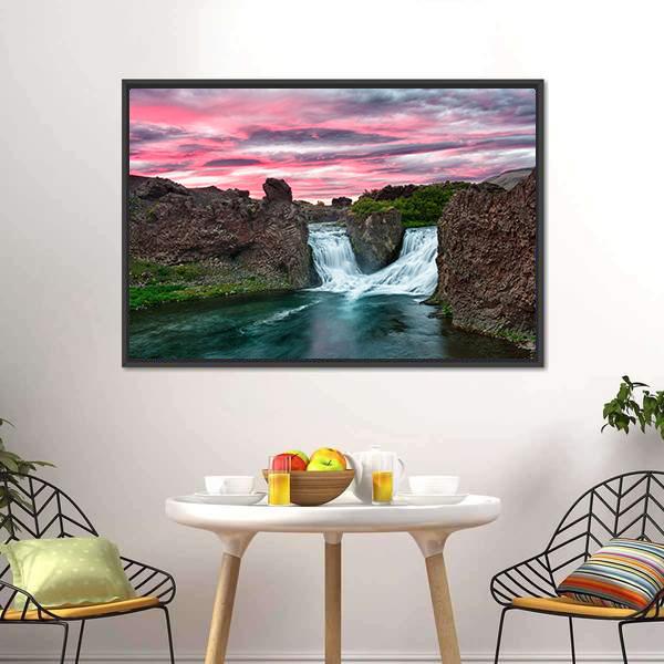 Double Waterfall Hjalparfoss Canvas Wall Art-1 Piece-Floating Frame-24" x 16"-Tiaracle