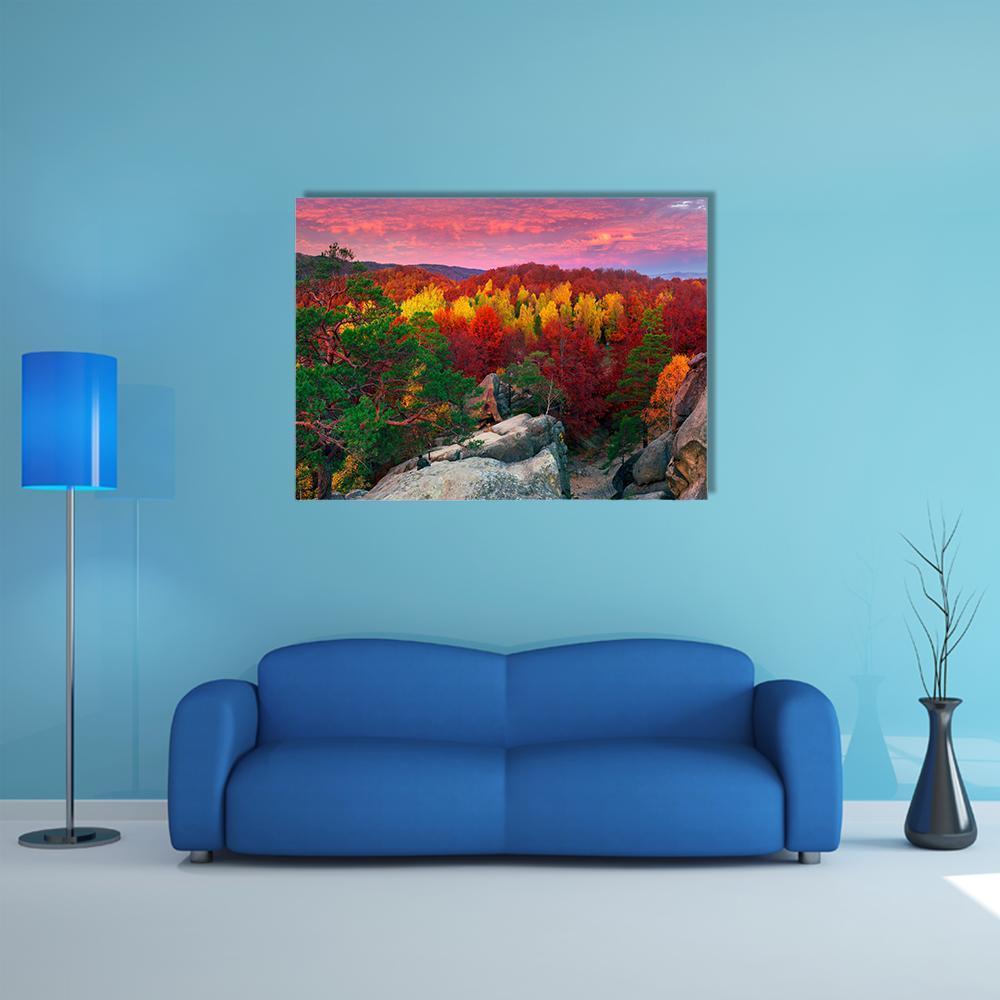Dovbush Rocks Bubnyshche Canvas Wall Art in red, green and pink, single panel hung on a wall