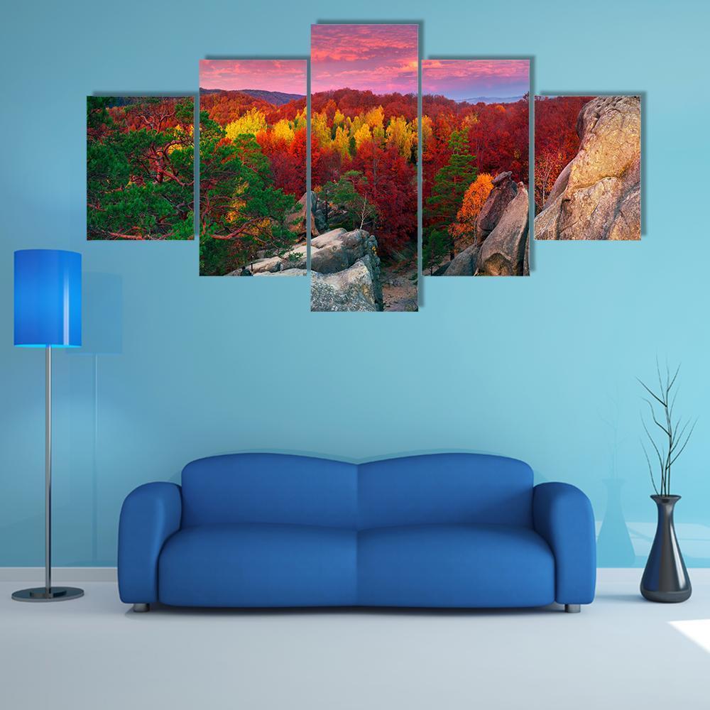 Dovbush Rocks Bubnyshche Canvas Wall Art in red, green and pink, 5 panel Star layout hung on a wall