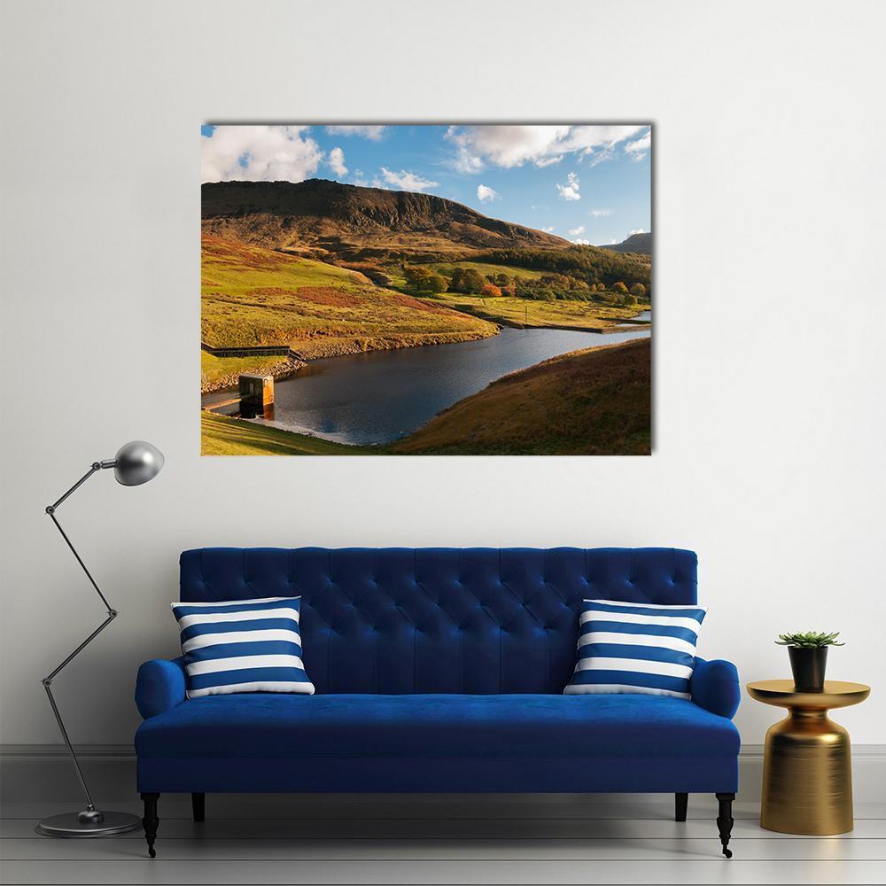Dove Stone Reservoir Canvas Wall Art in brown, green and blue, single panel hung on a wall
