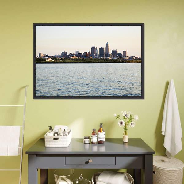 Downtown Cleveland Canvas Wall Art in white, gray and blue, framed canvas, product view on a white background