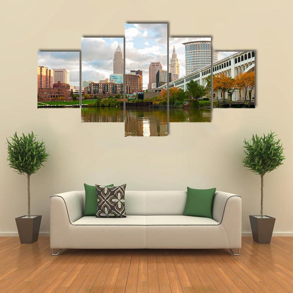 Downtown Cleveland Ohio Canvas Wall Art-5 Star-Gallery Wrap-62" x 32"-Tiaracle