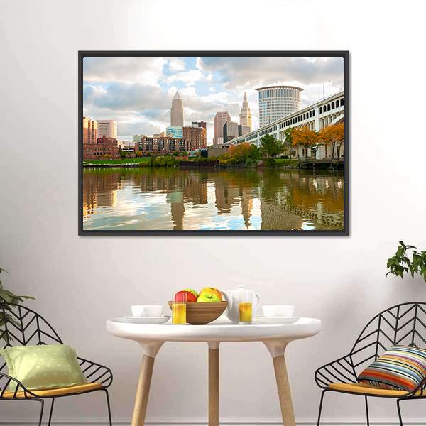 Downtown Cleveland Ohio Canvas Wall Art-1 Piece-Floating Frame-24" x 16"-Tiaracle