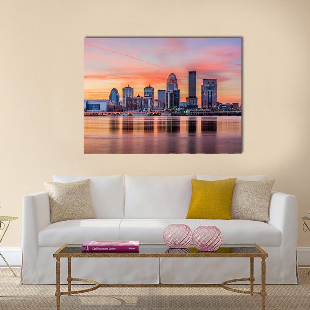 Downtown Louisville Skyline at Sunset Canvas Wall Art in orange, blue and purple, single panel hung on a wall