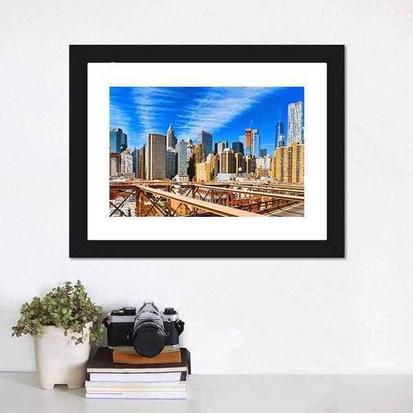 Downtown Manhattan From Brooklyn Bridge Canvas Wall Art-1 Piece-Framed Print-20" x 16"-Tiaracle