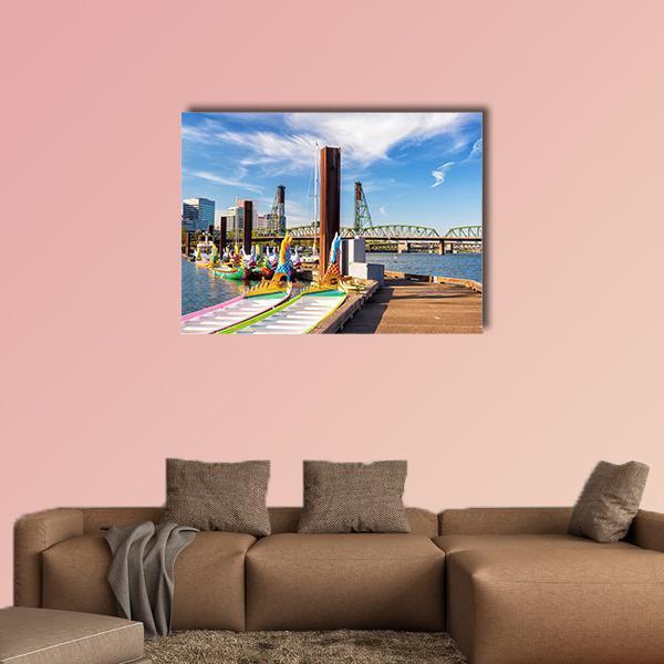 Dragon Boats by Truss Bridge Canvas Wall Art in white, brown and blue, single panel hung on a wall