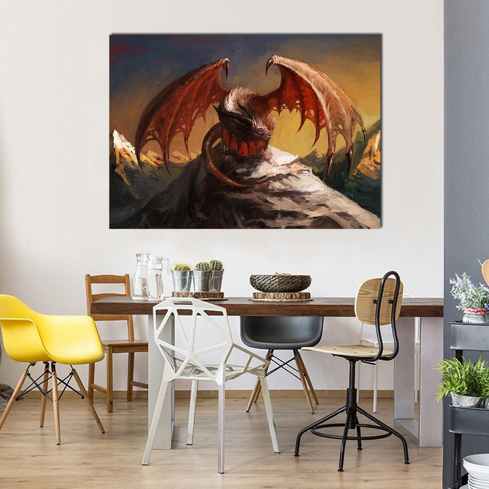 Red Dragon on Mountain Canvas Wall Art in brown, red and orange, single panel hung on a wall