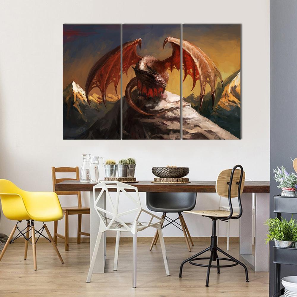 Dragon On Mountain Canvas Wall Art-3 Horizontal-Gallery Wrap-37" x 24"-Tiaracle
