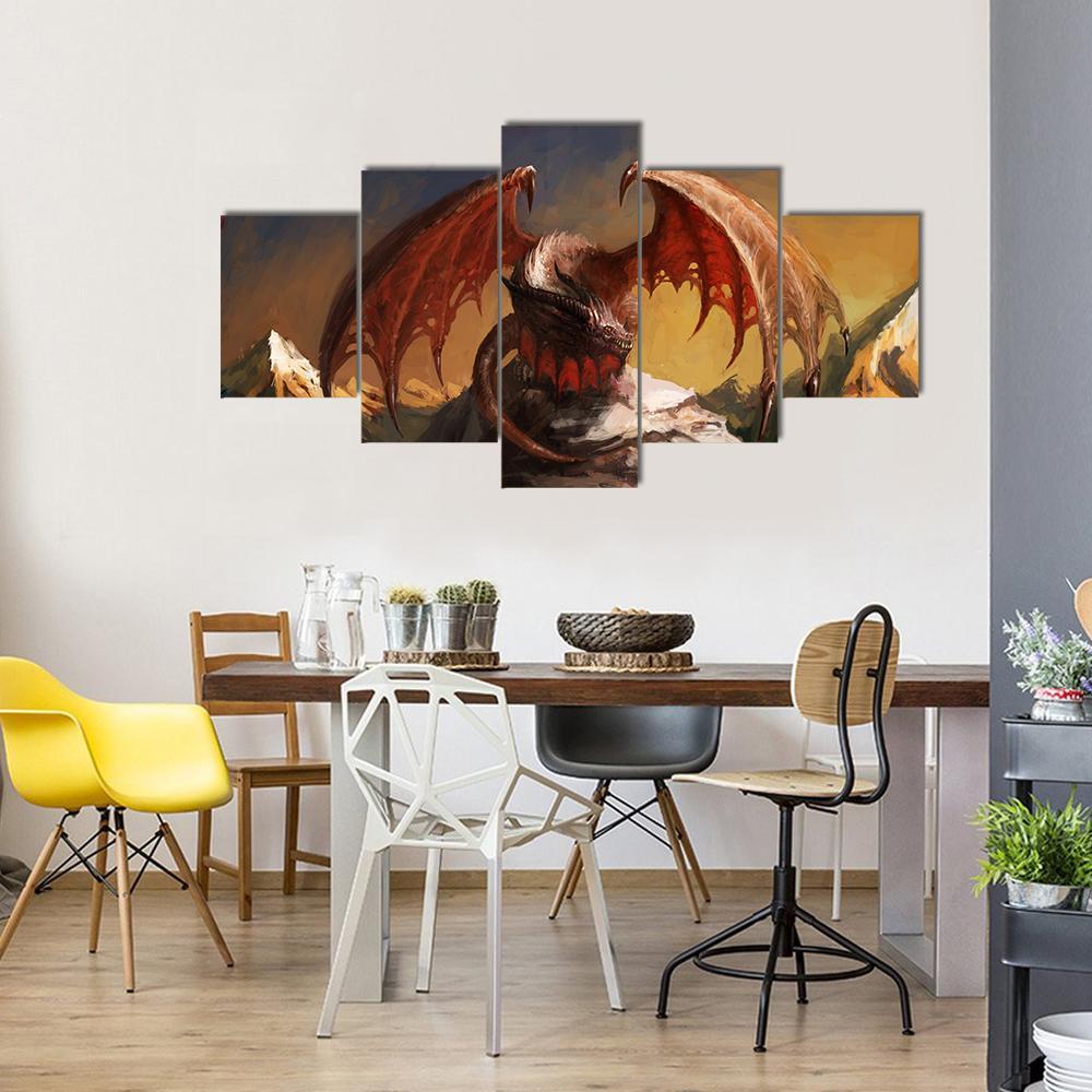 Dragon On Mountain Canvas Wall Art-5 Star-Gallery Wrap-62" x 32"-Tiaracle
