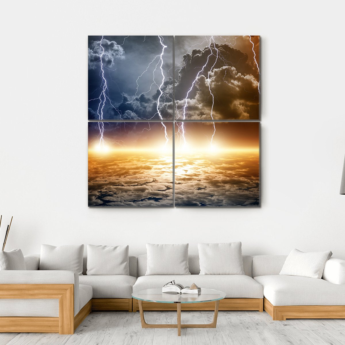 Dramatic Lightning Over Glowing Horizon Canvas Wall Art in black, orange and blue, hung on a wall