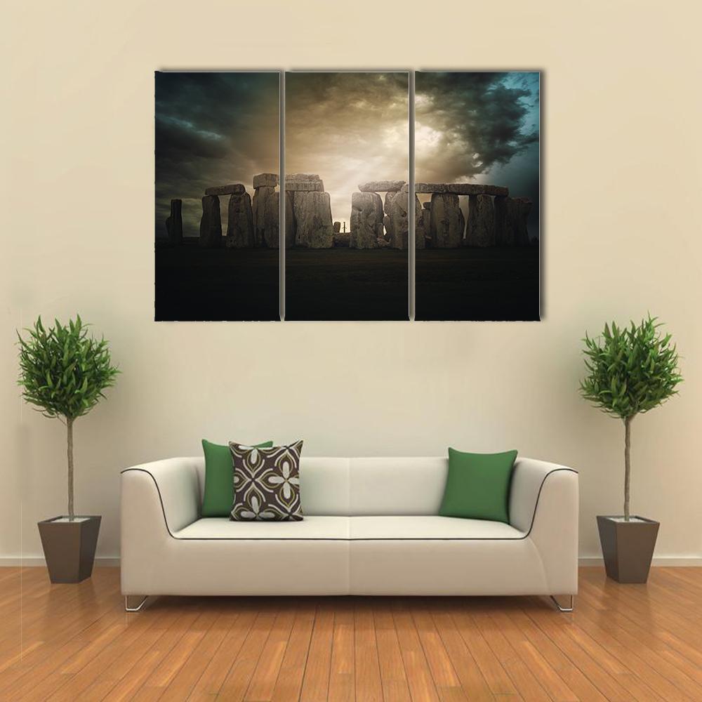 Dramatic Clouds Over Stonehenge Monument Canvas Wall Art-3 Horizontal-Gallery Wrap-25" x 16"-Tiaracle