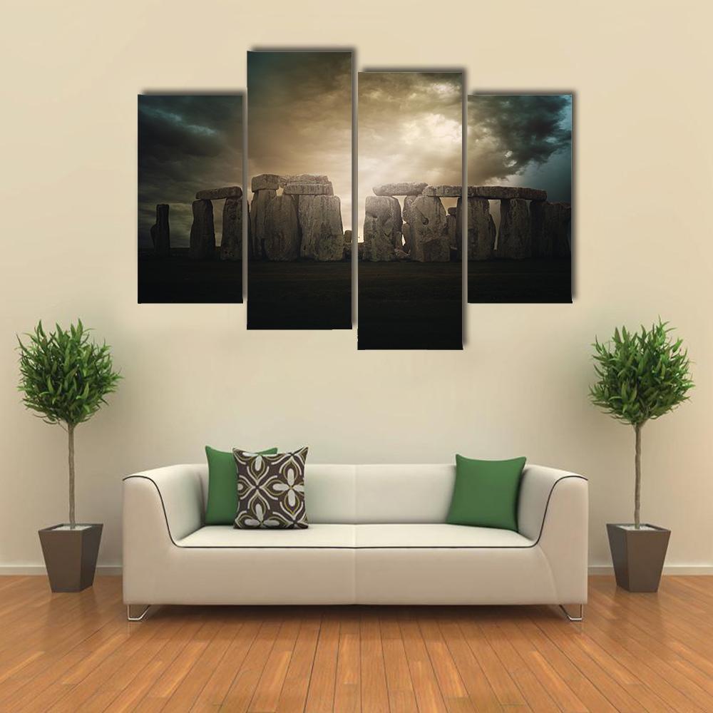 Dramatic Clouds Over Stonehenge Monument Canvas Wall Art-4 Pop-Gallery Wrap-34" x 20"-Tiaracle