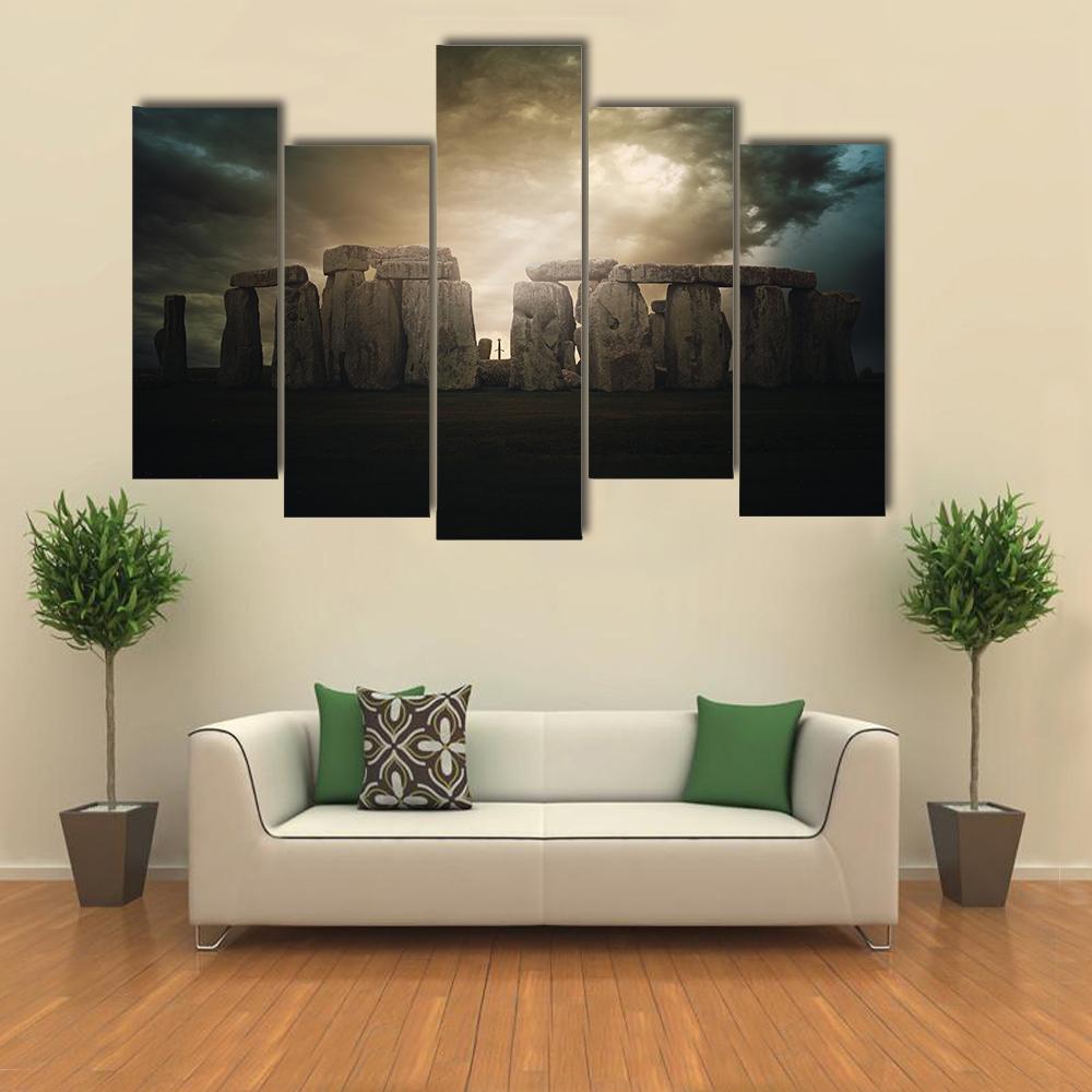 Dramatic Clouds Over Stonehenge Monument Canvas Wall Art-5 Pop-Gallery Wrap-32" x 21"-Tiaracle