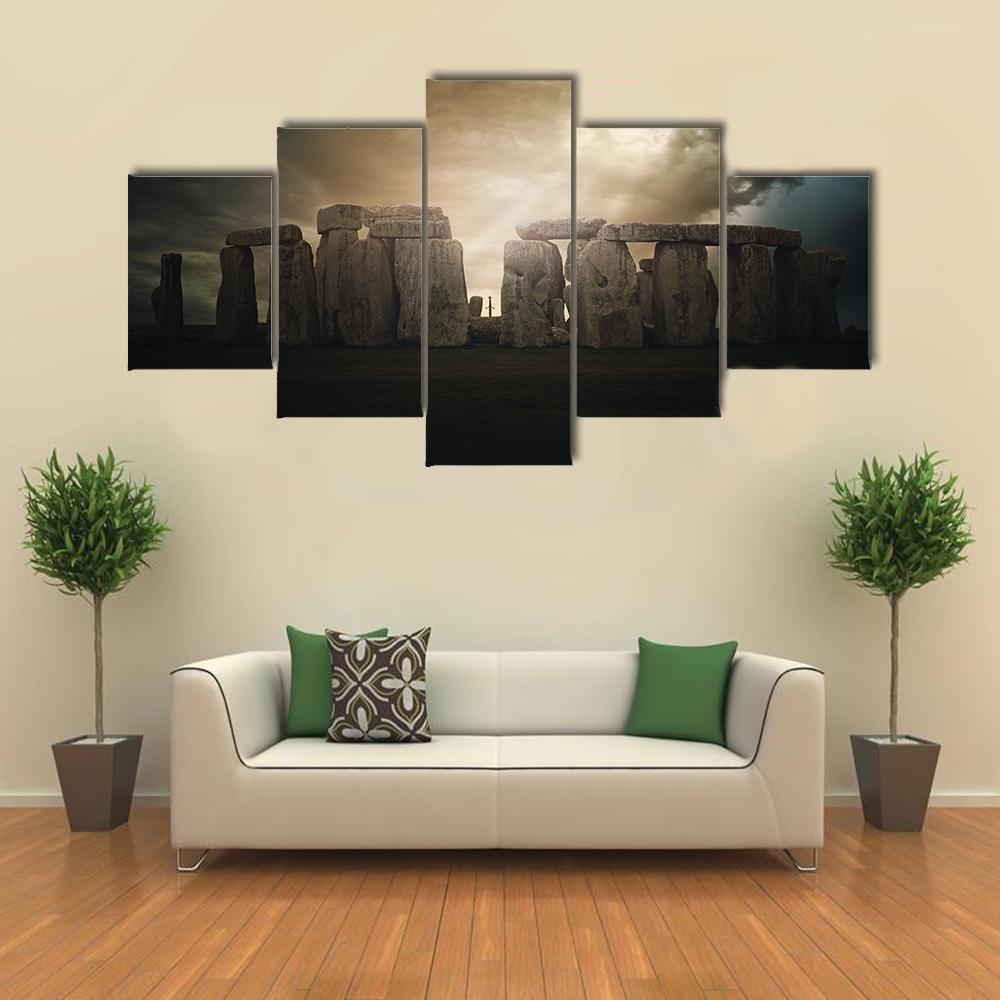 Dramatic Clouds Over Stonehenge Monument Canvas Wall Art-5 Star-Gallery Wrap-42" x 21"-Tiaracle
