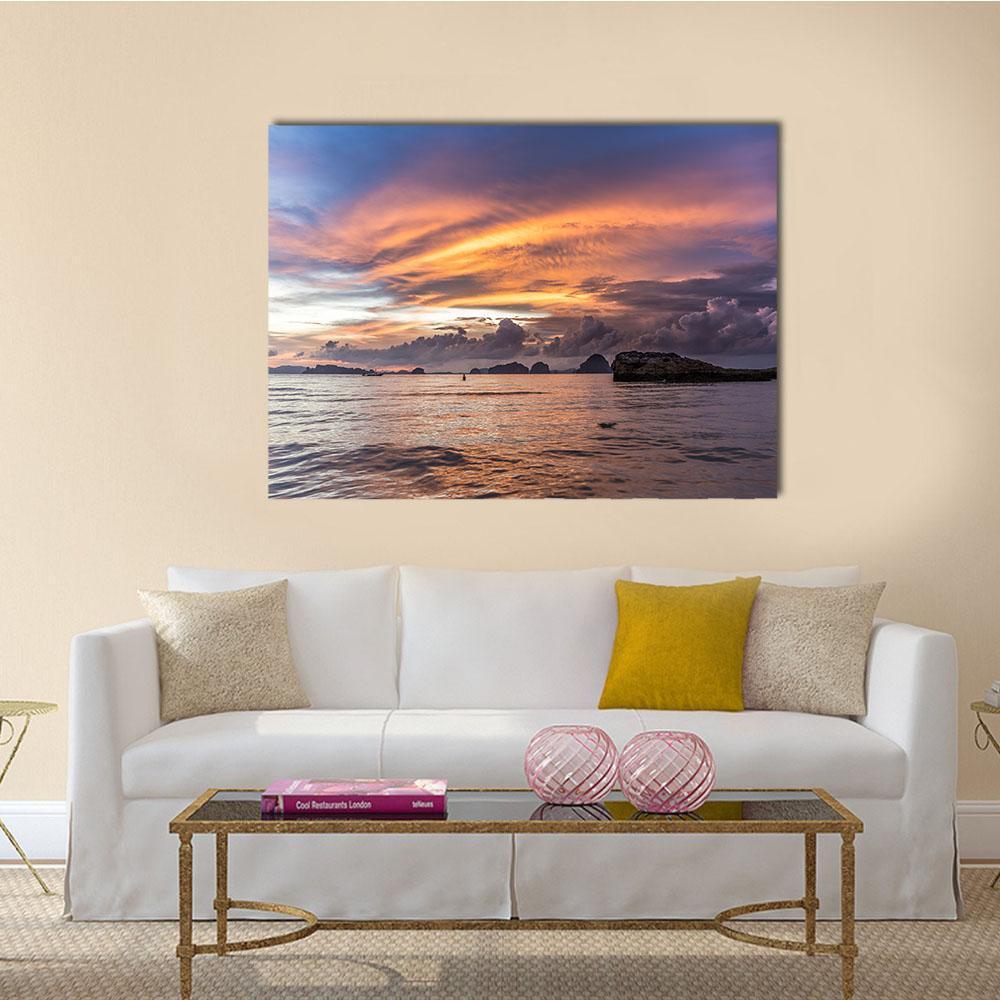 Dramatic Sunset At Beach Canvas Wall Art-1 Piece-Gallery Wrap-48" x 32"-Tiaracle