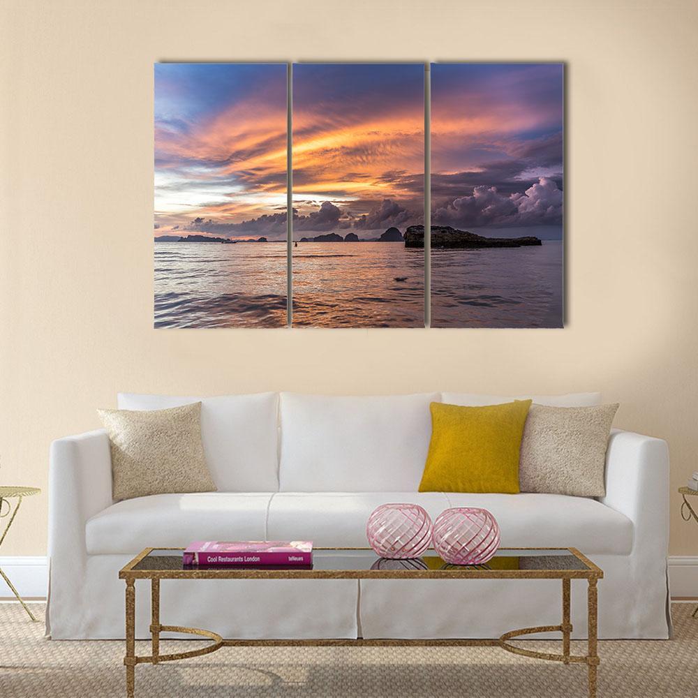 Dramatic Sunset At Beach Canvas Wall Art-3 Horizontal-Gallery Wrap-37" x 24"-Tiaracle