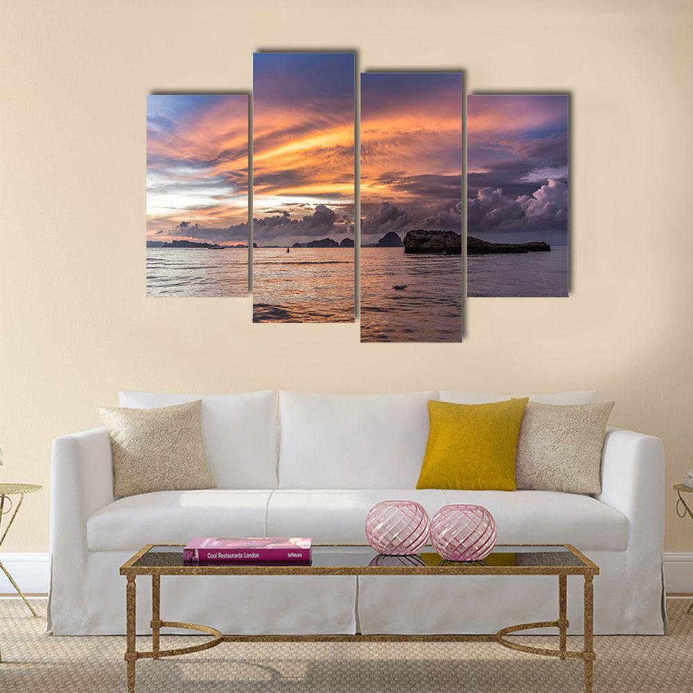 Dramatic Sunset At Beach Canvas Wall Art-4 Pop-Gallery Wrap-50" x 32"-Tiaracle