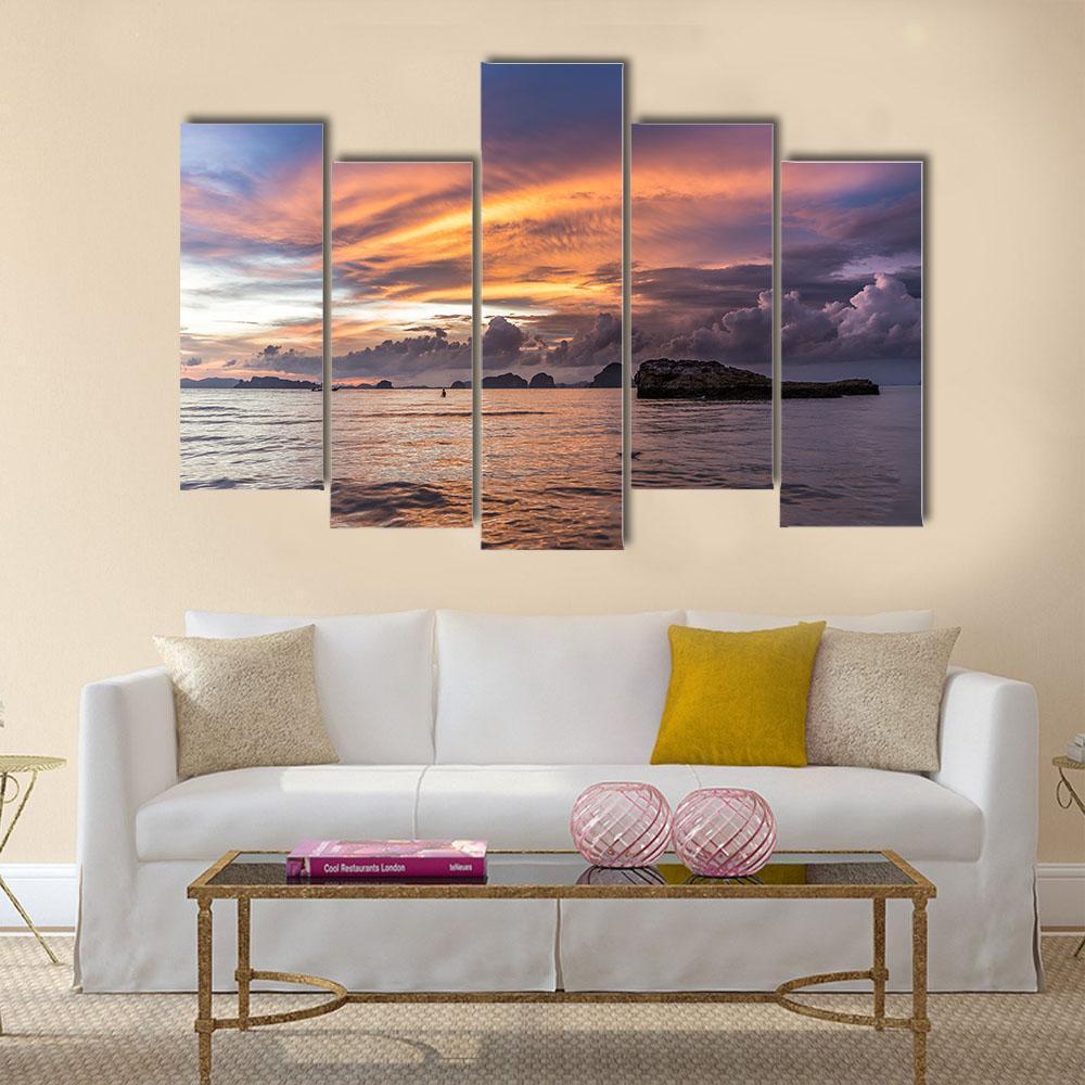 Dramatic Sunset At Beach Canvas Wall Art-5 Pop-Gallery Wrap-47" x 32"-Tiaracle