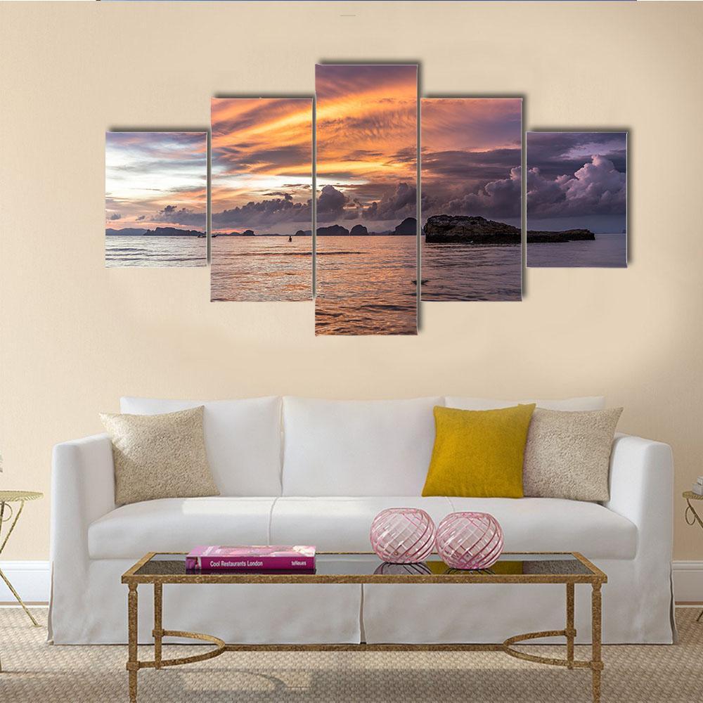 Dramatic Sunset At Beach Canvas Wall Art-5 Star-Gallery Wrap-62" x 32"-Tiaracle