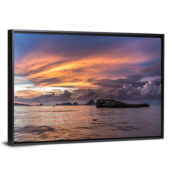 Dramatic Sunset At Beach Canvas Wall Art-3 Horizontal-Gallery Wrap-25" x 16"-Tiaracle