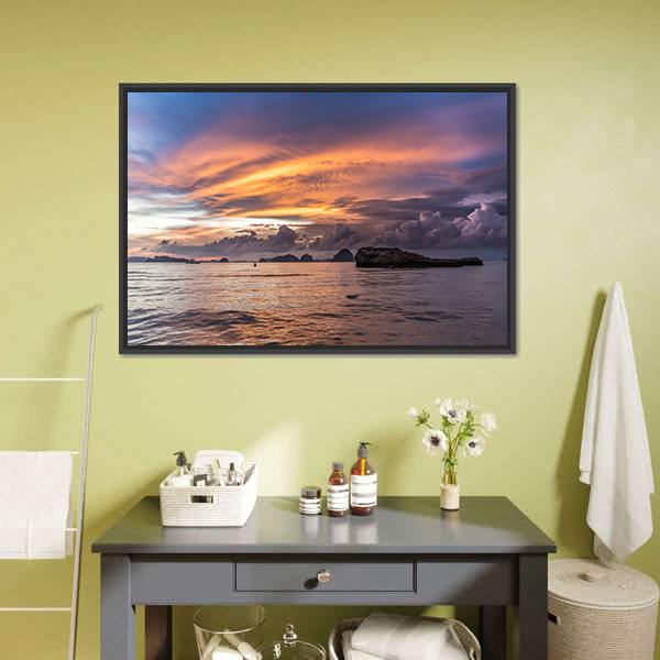 Dramatic Sunset At Beach Canvas Wall Art-3 Horizontal-Gallery Wrap-25" x 16"-Tiaracle