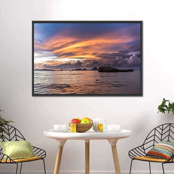 Dramatic Sunset At Beach Canvas Wall Art-1 Piece-Floating Frame-24" x 16"-Tiaracle