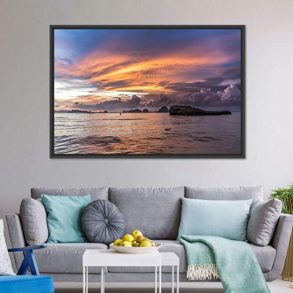 Dramatic Sunset At Beach Canvas Wall Art-3 Horizontal-Gallery Wrap-25" x 16"-Tiaracle