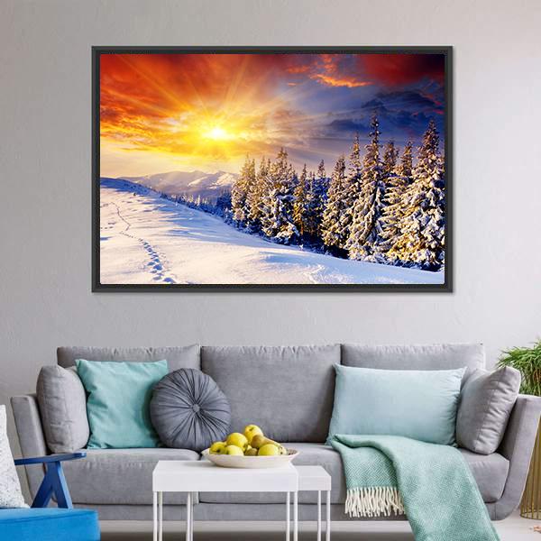 Dramatic Sunset In Winter Vertical Canvas Wall Art-3 Vertical-Gallery Wrap-12" x 25"-Tiaracle