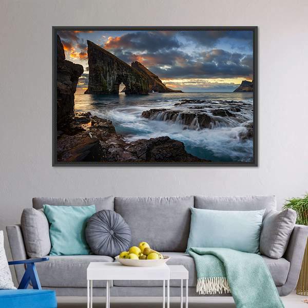 Drangarnir Rocky Arch Panoramic Canvas Wall Art-1 Piece-36" x 12"-Tiaracle