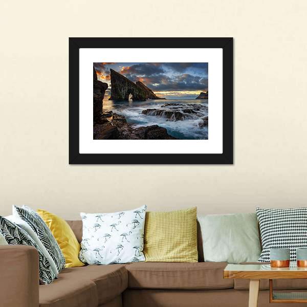 Drangarnir Rocky Arch Panoramic Canvas Wall Art-1 Piece-36" x 12"-Tiaracle