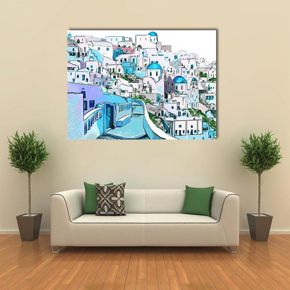 Drawing Of Greek Town Canvas Wall Art-1 Piece-Gallery Wrap-48" x 32"-Tiaracle