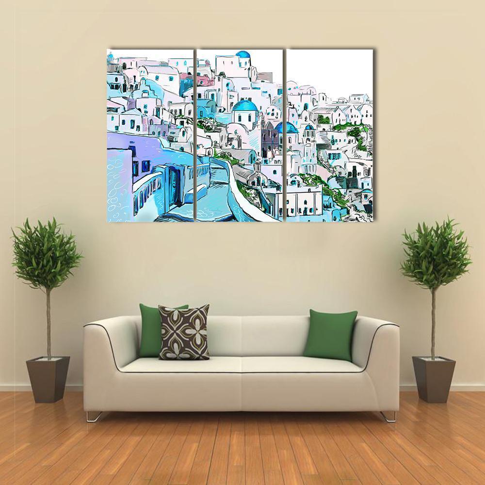 Drawing Of Greek Town Canvas Wall Art-3 Horizontal-Gallery Wrap-37" x 24"-Tiaracle