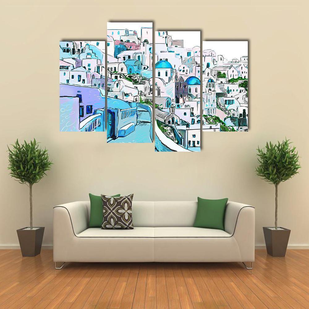 Drawing Of Greek Town Canvas Wall Art-4 Pop-Gallery Wrap-50" x 32"-Tiaracle