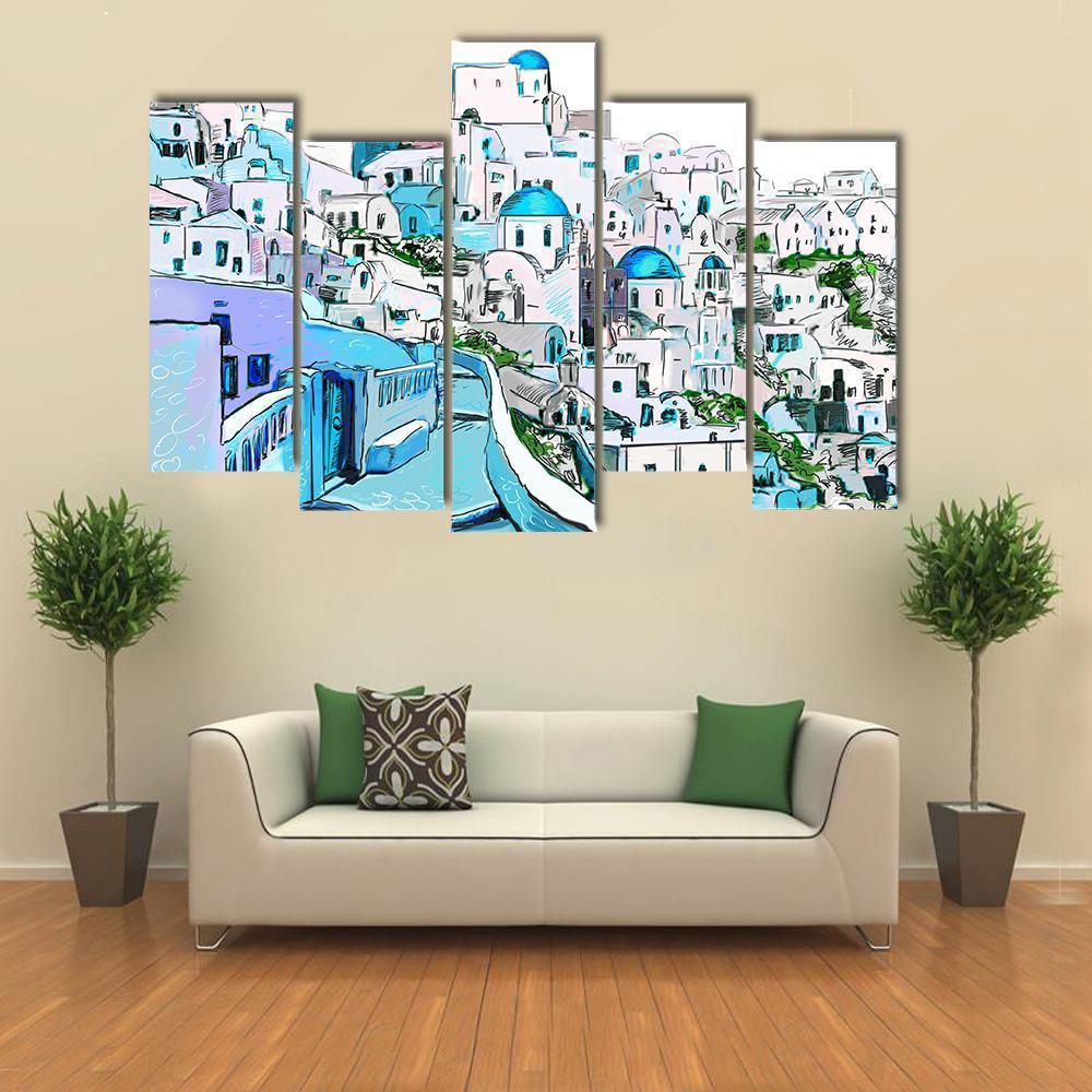 Drawing Of Greek Town Canvas Wall Art-5 Pop-Gallery Wrap-47" x 32"-Tiaracle