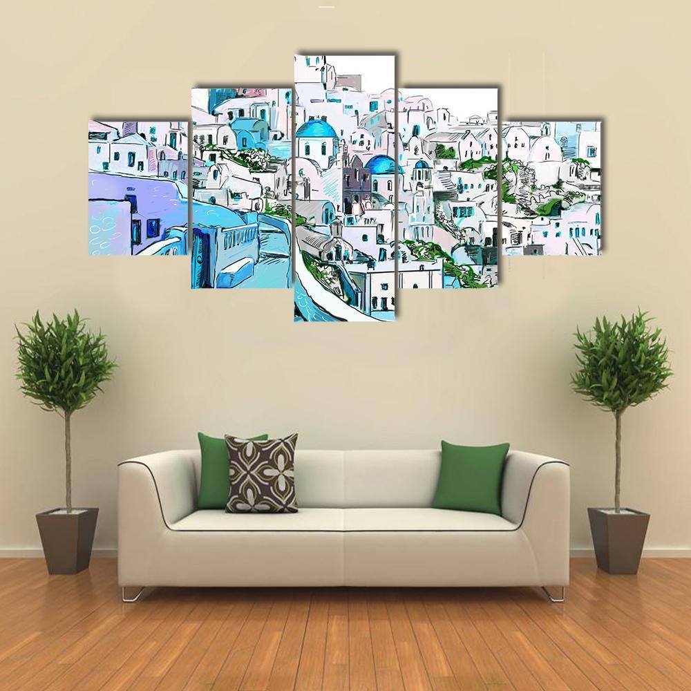 Drawing Of Greek Town Canvas Wall Art-5 Star-Gallery Wrap-62" x 32"-Tiaracle