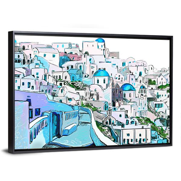 Drawing Of Greek Town Canvas Wall Art-3 Horizontal-Gallery Wrap-25" x 16"-Tiaracle
