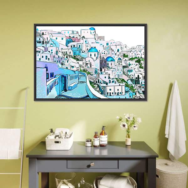 Drawing Of Greek Town Canvas Wall Art-3 Horizontal-Gallery Wrap-25" x 16"-Tiaracle