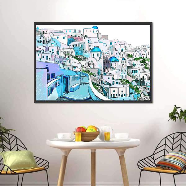 Drawing Of Greek Town Canvas Wall Art-1 Piece-Floating Frame-24" x 16"-Tiaracle