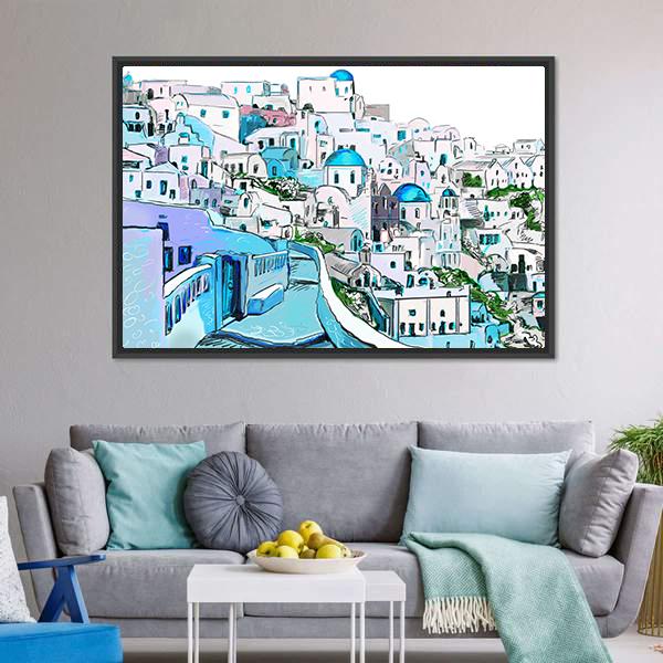 Drawing Of Greek Town Canvas Wall Art-3 Horizontal-Gallery Wrap-25" x 16"-Tiaracle